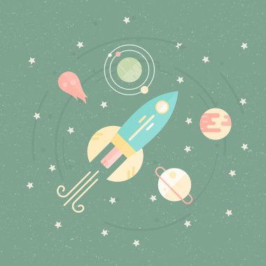 illustration with rocket, planets, meteor, orbit