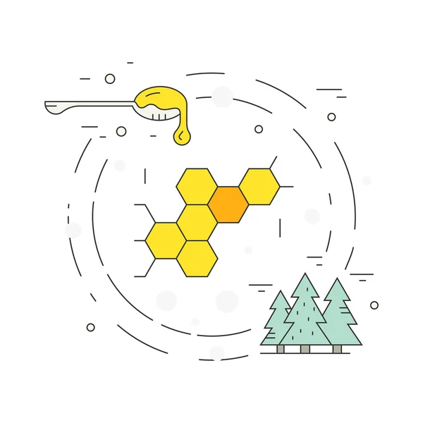 Honeycomb, honey on the spoon and forest — Stockvector