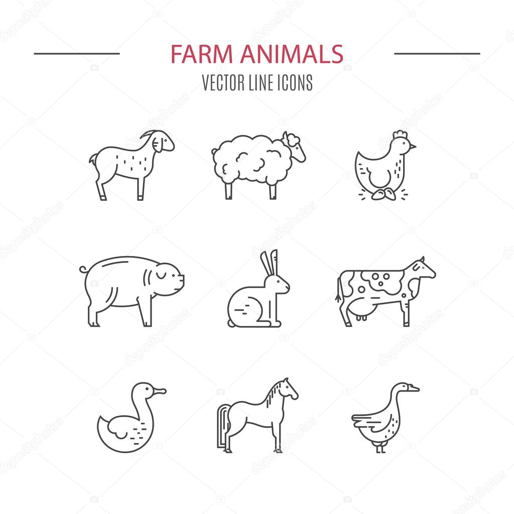 Vector line logos set with different farm animals, including goose, horse, pig, chicken. Modern emblems for farming industry and other types of bio products.