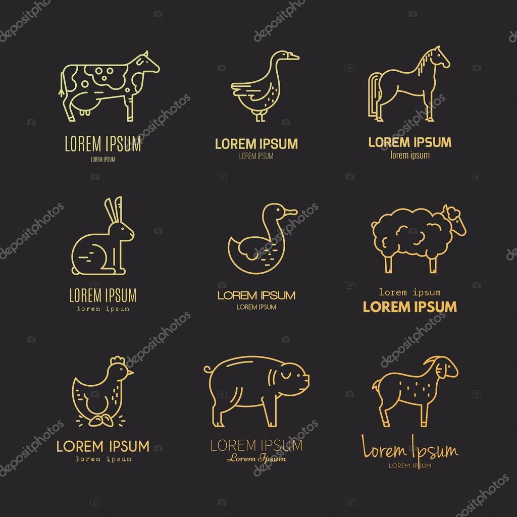 Vector line logos set with different farm animals, including goose, horse, pig, chicken. Modern emblems for farming industry and other types of bio products.