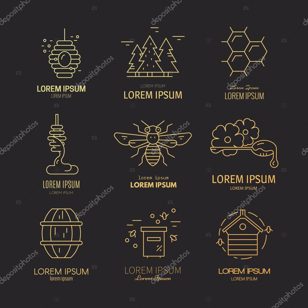Vector set of logotypes with different honey related items including dipper with honey, bee, honeycomb, forest. Perfect design element for natural product.