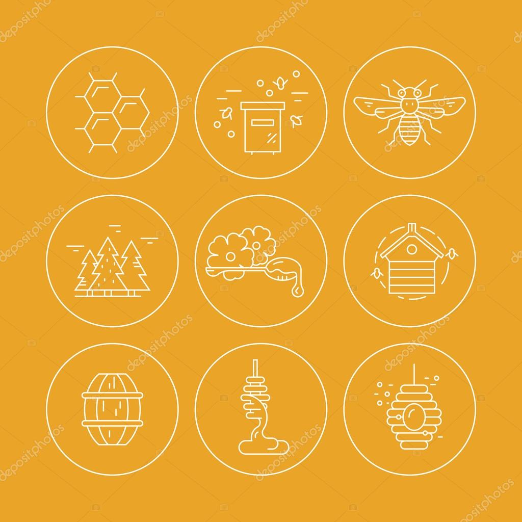 Thin line icons with honey, bees and other beekeeping related items made in  vector.