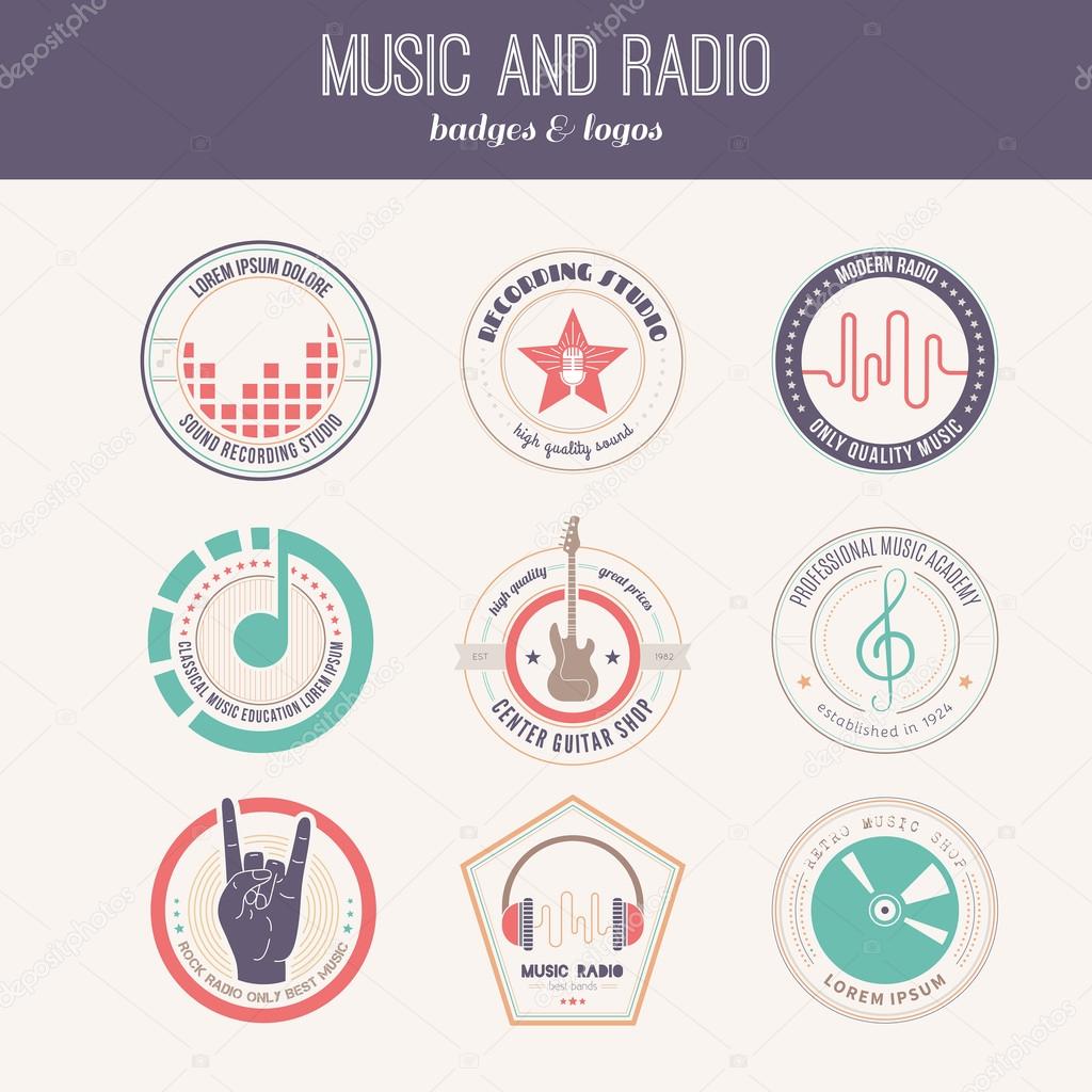 Collection of music logos made in vector. Recording studio labels hipster style. Podcast and radio badges with sample text. Vintage t-shirt design elements with musical elements - guitar, horns. Sound production logotypes.