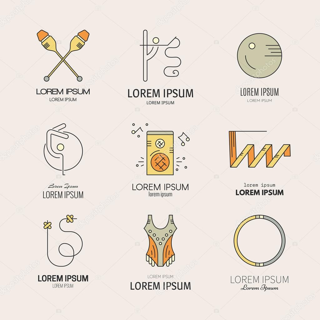 Modern and unique line vector collection of logotypes with professional  rhythmic gymnastics equipment. Unique and modern set of logos isolated on background. Summer sport