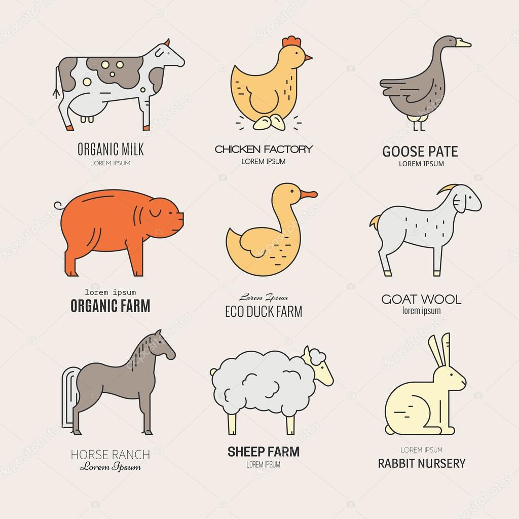 Vector logo collection with different farm animals, including cow, pig, chicken, sheep. Perfect emblem for farming industry and other types of bio product business.