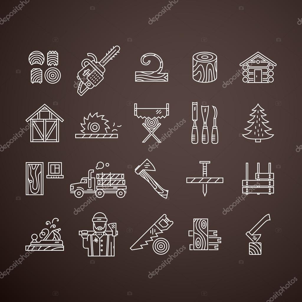 Modern line style collection of woodwork tools, carpentry gear and logger related items. Timber industry icon collection - vector set. Unique and modern set isolated on background.