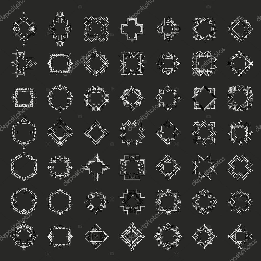 Giant collection of modern linear frames that can be used as logotypes or ornamental borders for cards and invitations. Perfect vector set of tribal or geometrical style art.