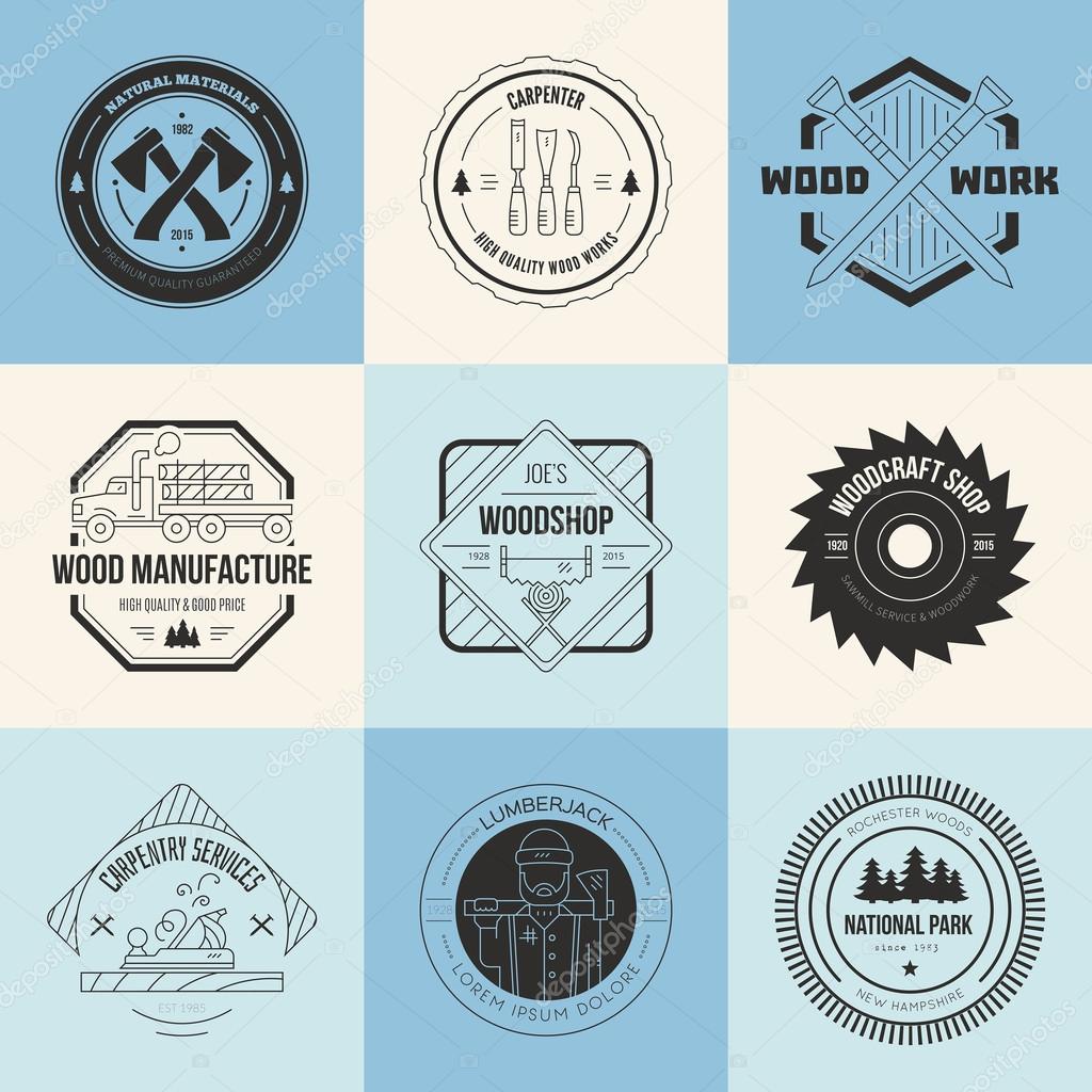 Set of vintage carpentry logotypes made in vector. Wood work and manufacture label templates. Detailed emblems with timber industry elements and carpentry tools. Woodworking badges with sample text for your business.