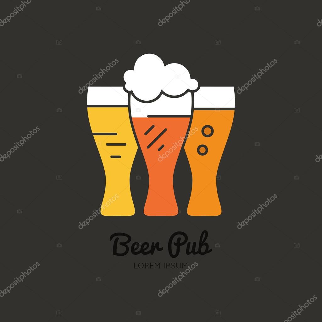 Line style logotype template with beer mugs with different types of beer for pub or brewing company. Easy to use business template