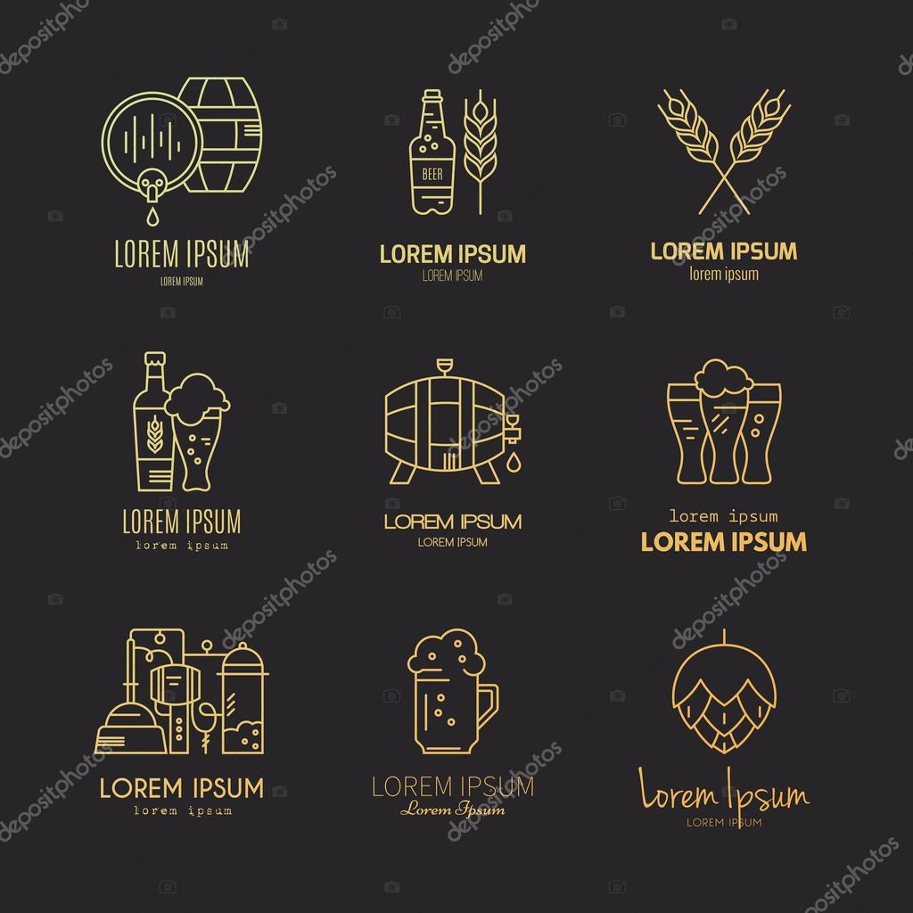 Set of beer logotypes - beer mugs, beer bottles, barrels and brewing process. Modern logo collection for all kinds of beer design. Octoberfest icon series. Clean and modern line style vector art