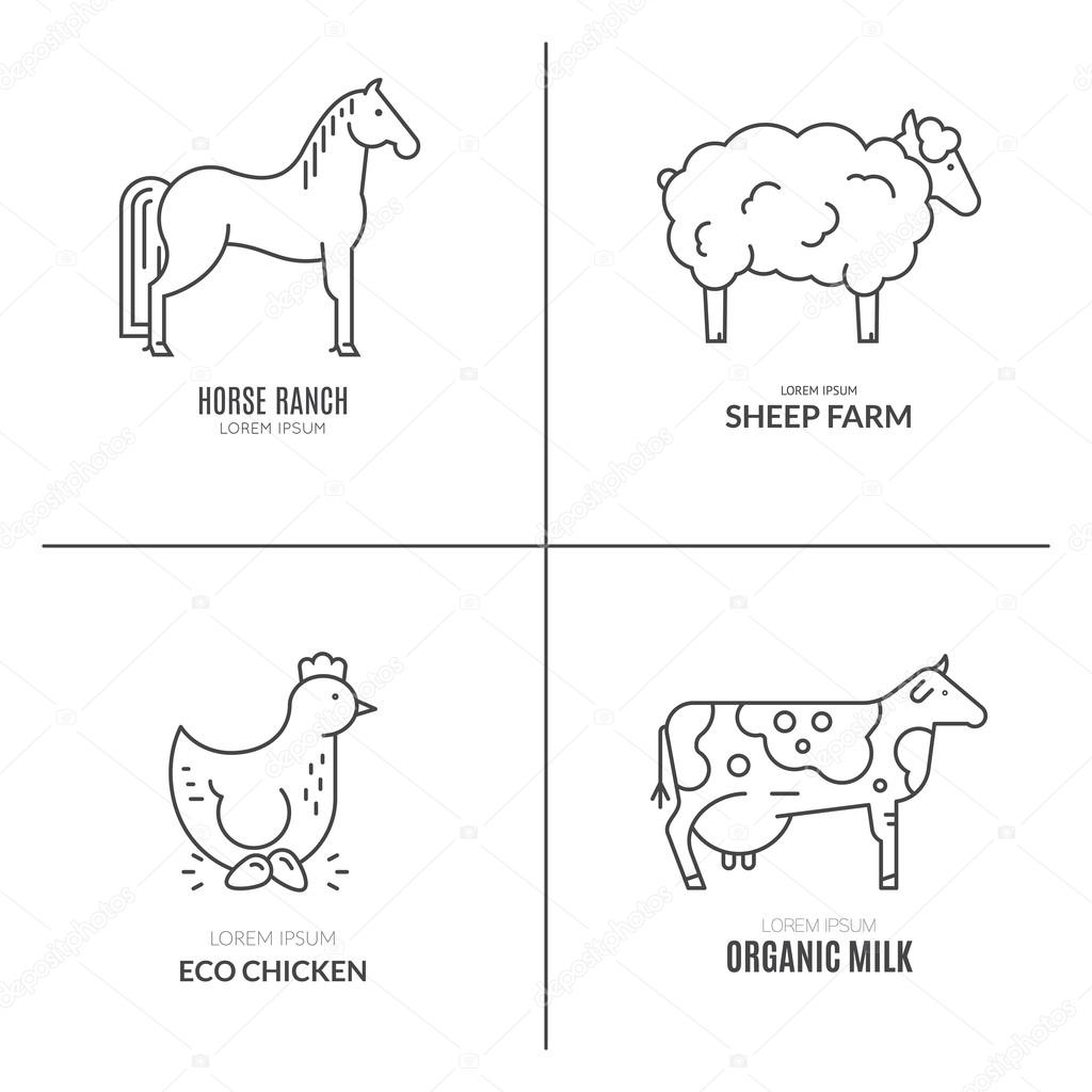 Farm animals logos collection. Great linear emblems for farming business. Modern business identity for bio products and agricultural industry.