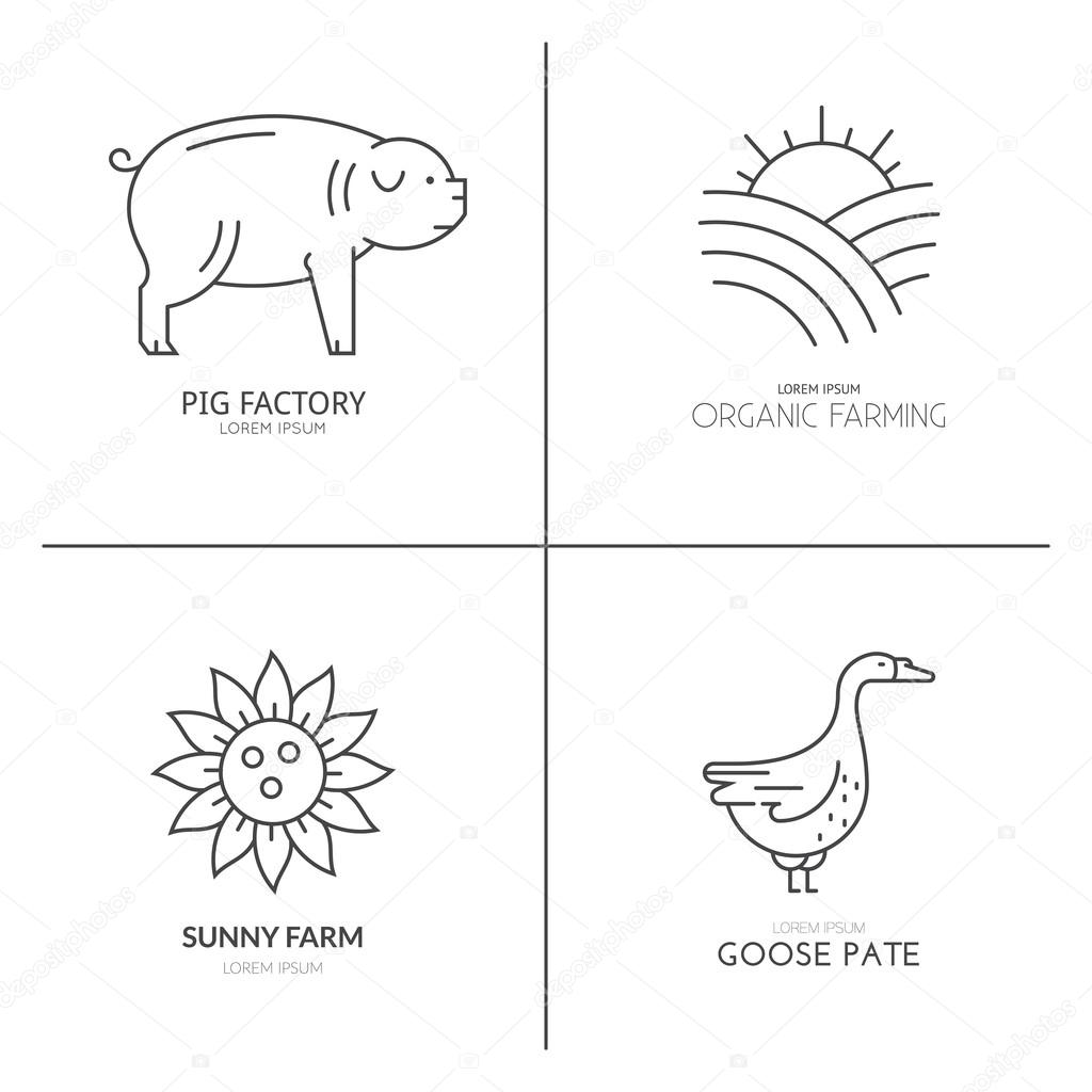 Vector farm animals logos for farming industry or organic products. Simple linear emblems.