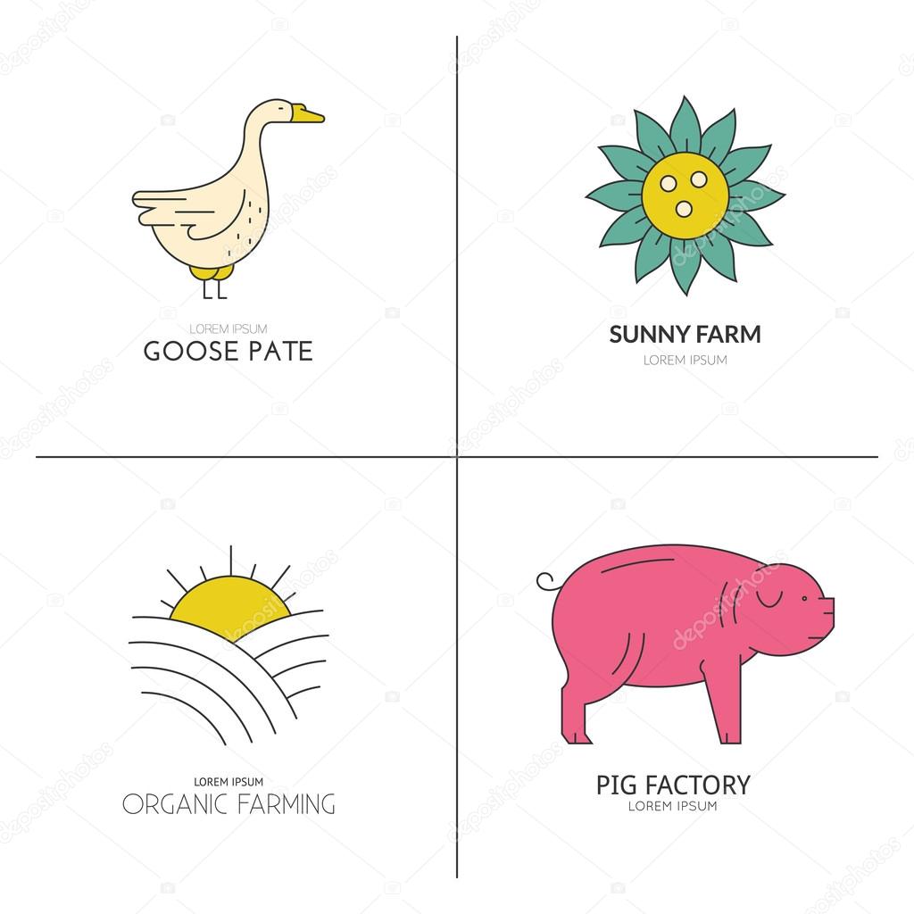 Colorful vector farm animals logos for farming industry or organic products. Simple linear emblems.
