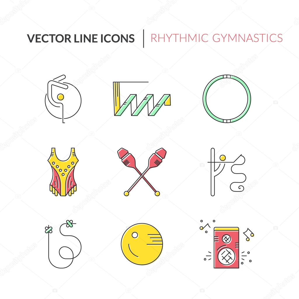 Collection of line modern vector symbols of rhythmic gymnastics, including ribbon, ball, clubs. Sport vector.