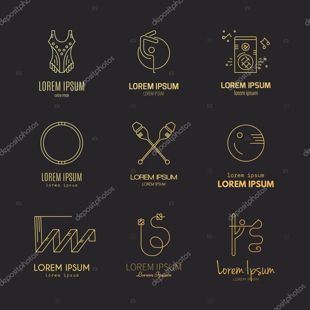 Rhythmic gymnastics equipment, including clubs, ribbon, rope - perfect vector line symbols.