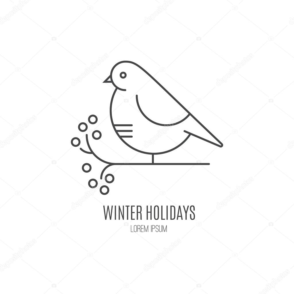 Line style logotype template with bird on branch with berries isolated on white background