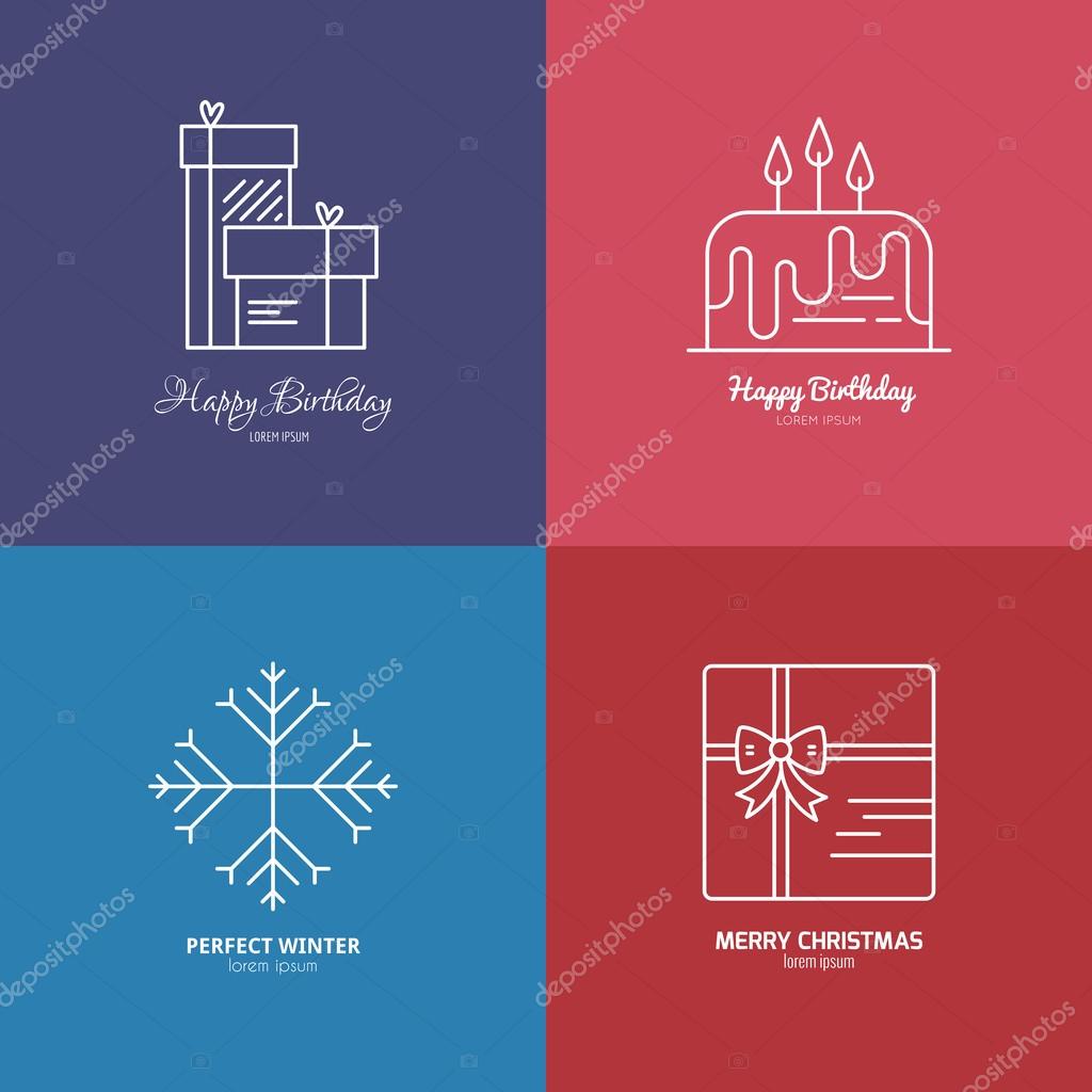 Holiday celebration icons including presents and birthday cake. Thin line vector collection.