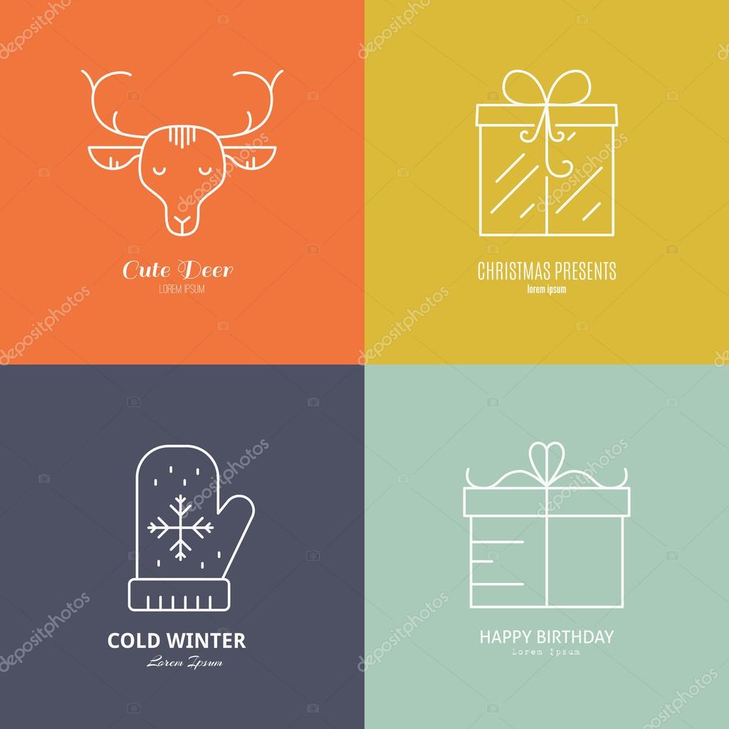Collection of modern and simple illustrations on Christmas theme including reindeer, glove with snowflake, presents. Line vector illustration.