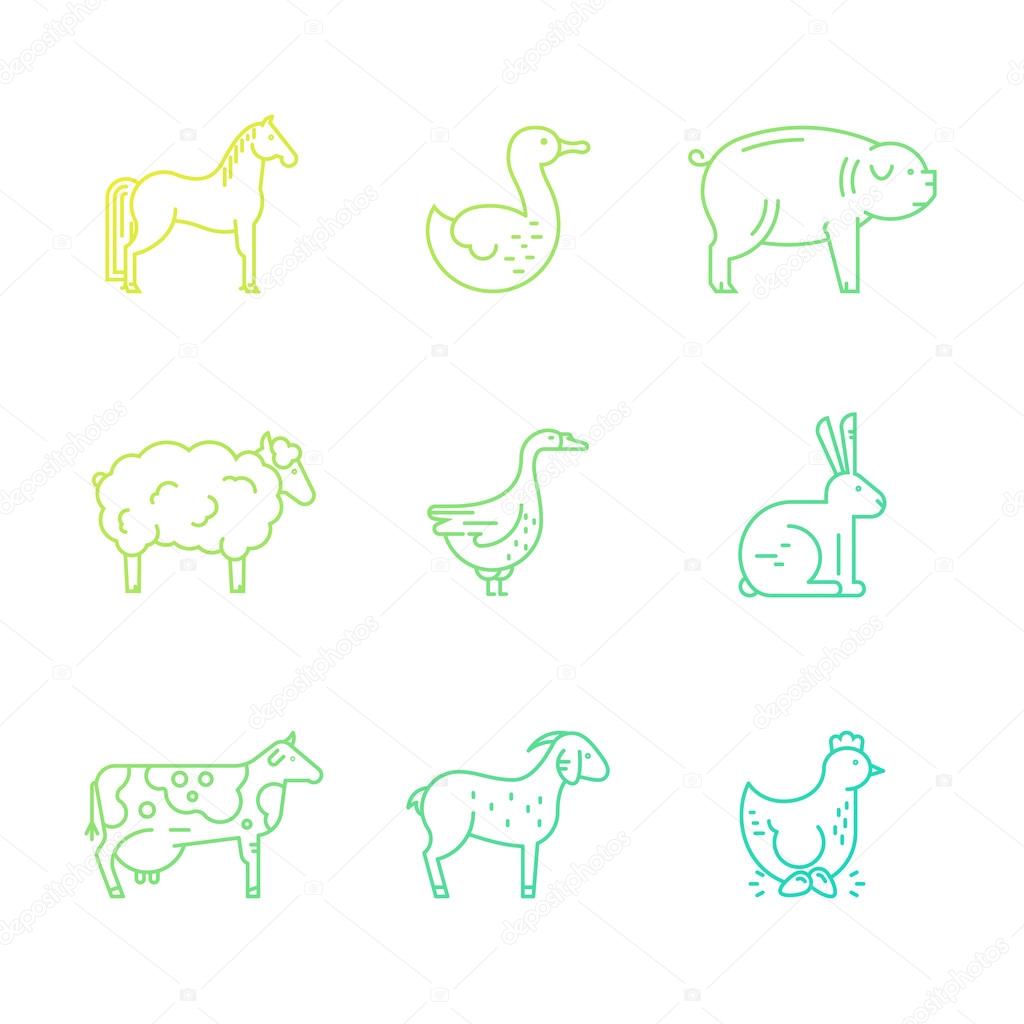Collection of farm animals including cow, chicken, sheep, rabbit. Livestock collection.