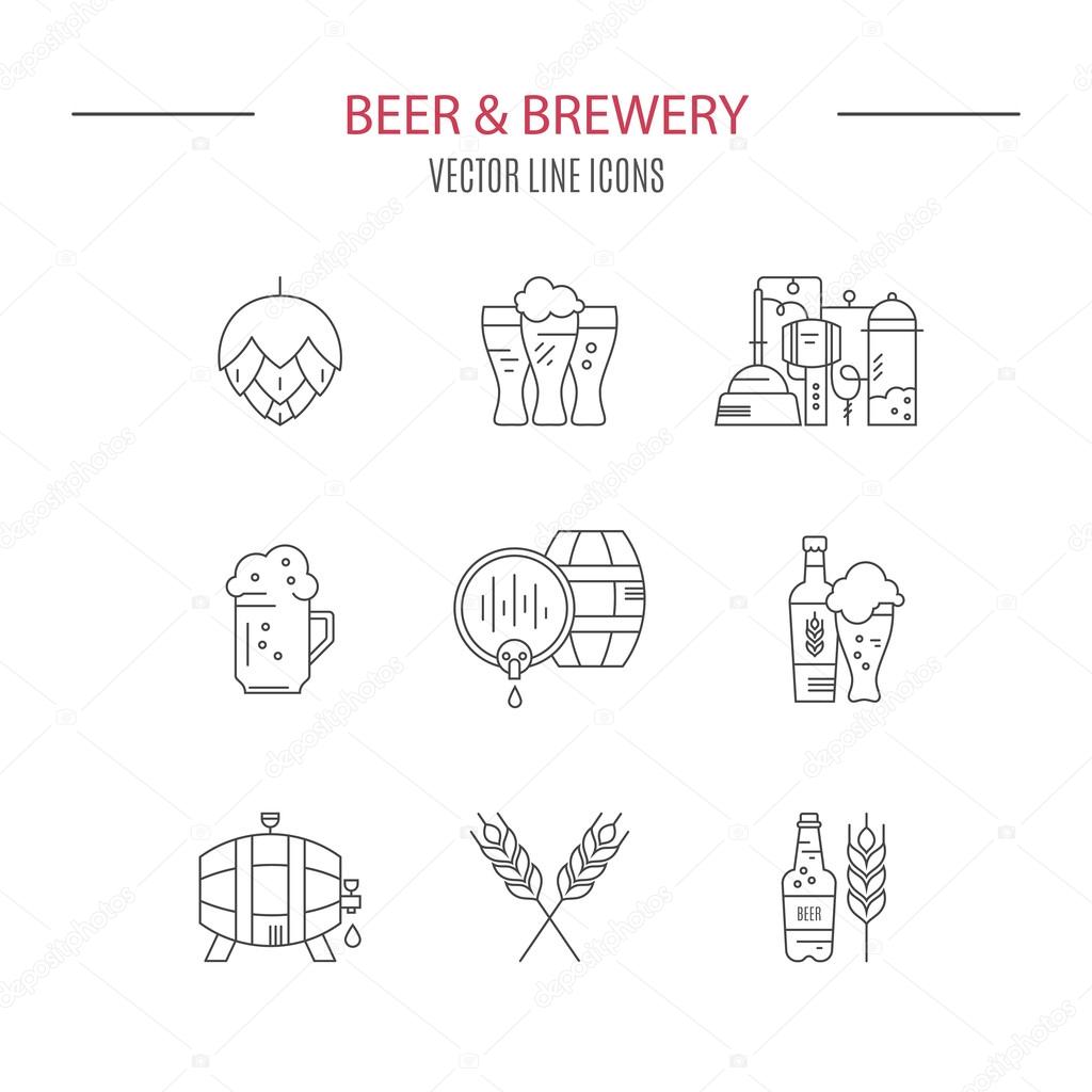 Collection of brewery icons and different beer symbols for pub, bar or other brewing related business isolated on white background
