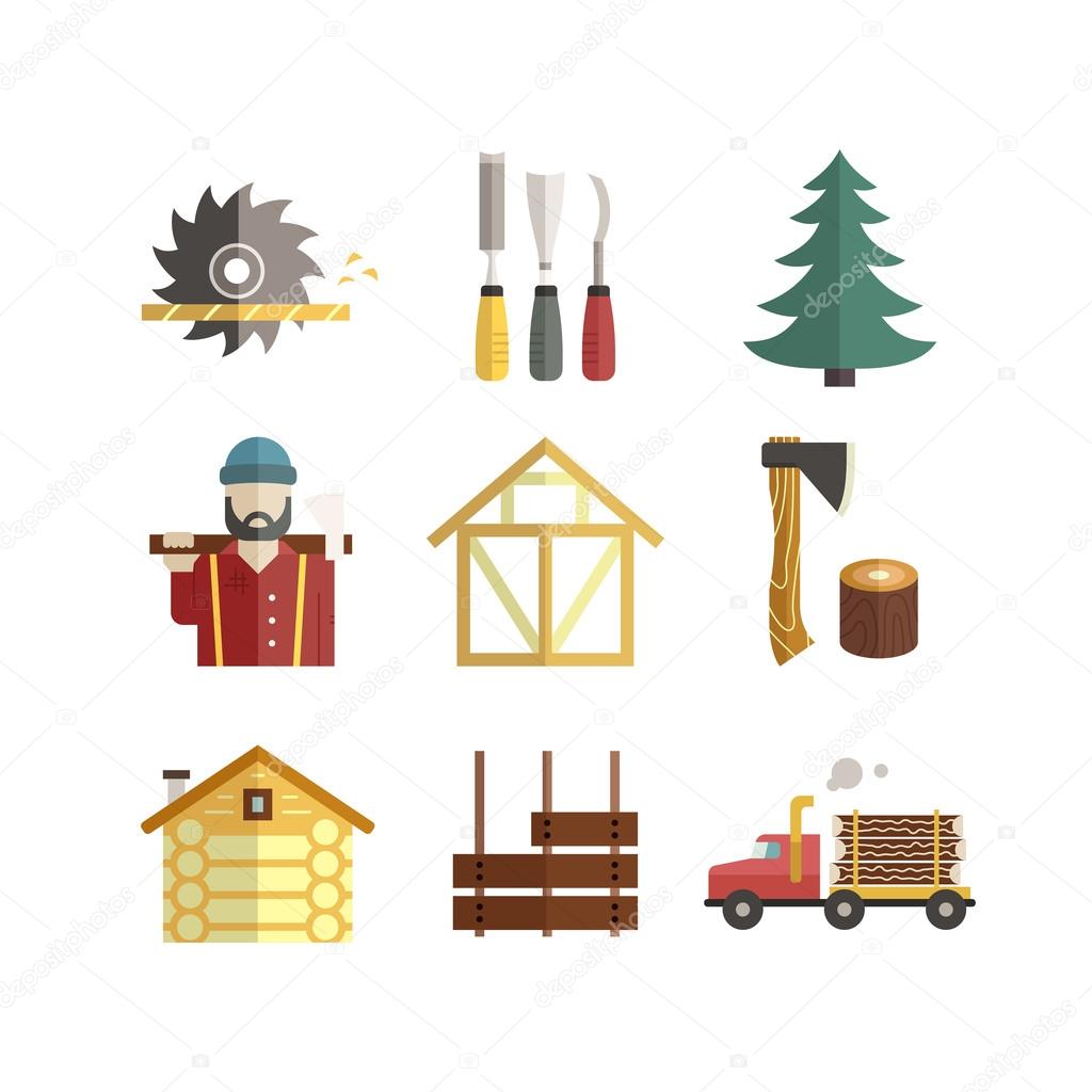 Modern collection of flat style vector icons with different timber industry, woodwork and lumberjack icons isolated on white background