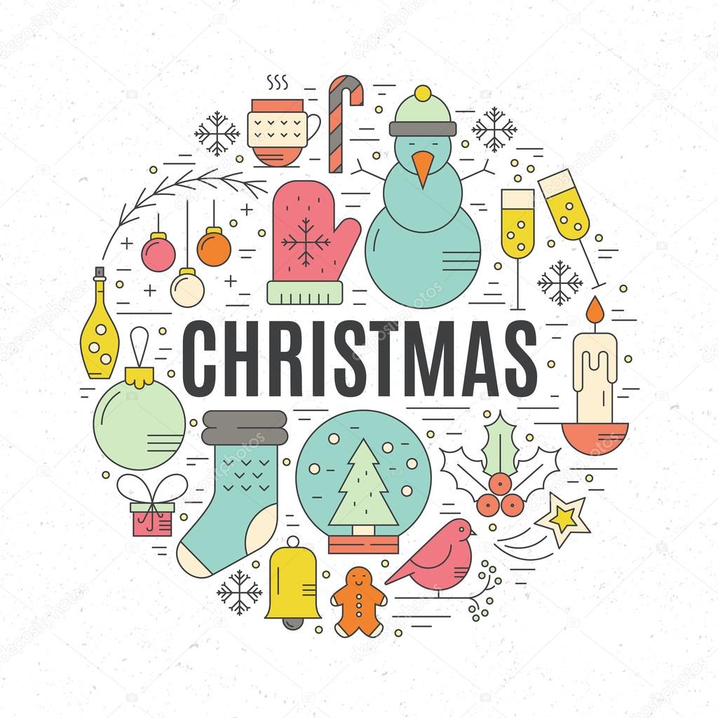 Christmas illustration with different winter symbols
