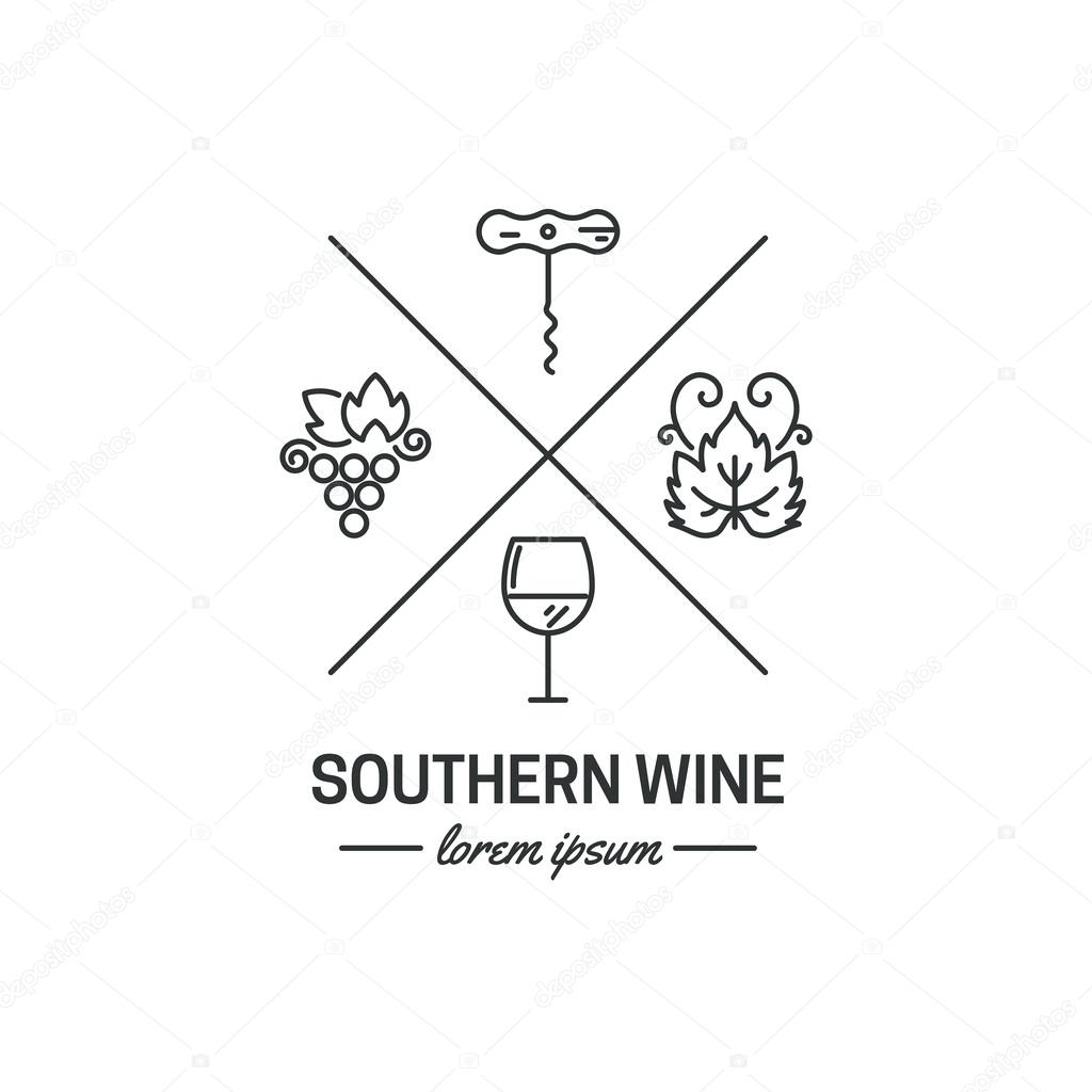 Hipster logo or label for wine and winery. Wine logo with grape, corkscrew, glass and grape leaf. Vector logo.