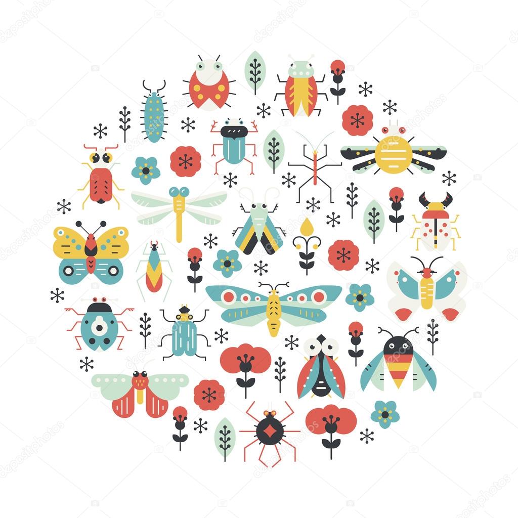 Bugs and insects poster design. Circle decoration element made in vector with cute creatures
