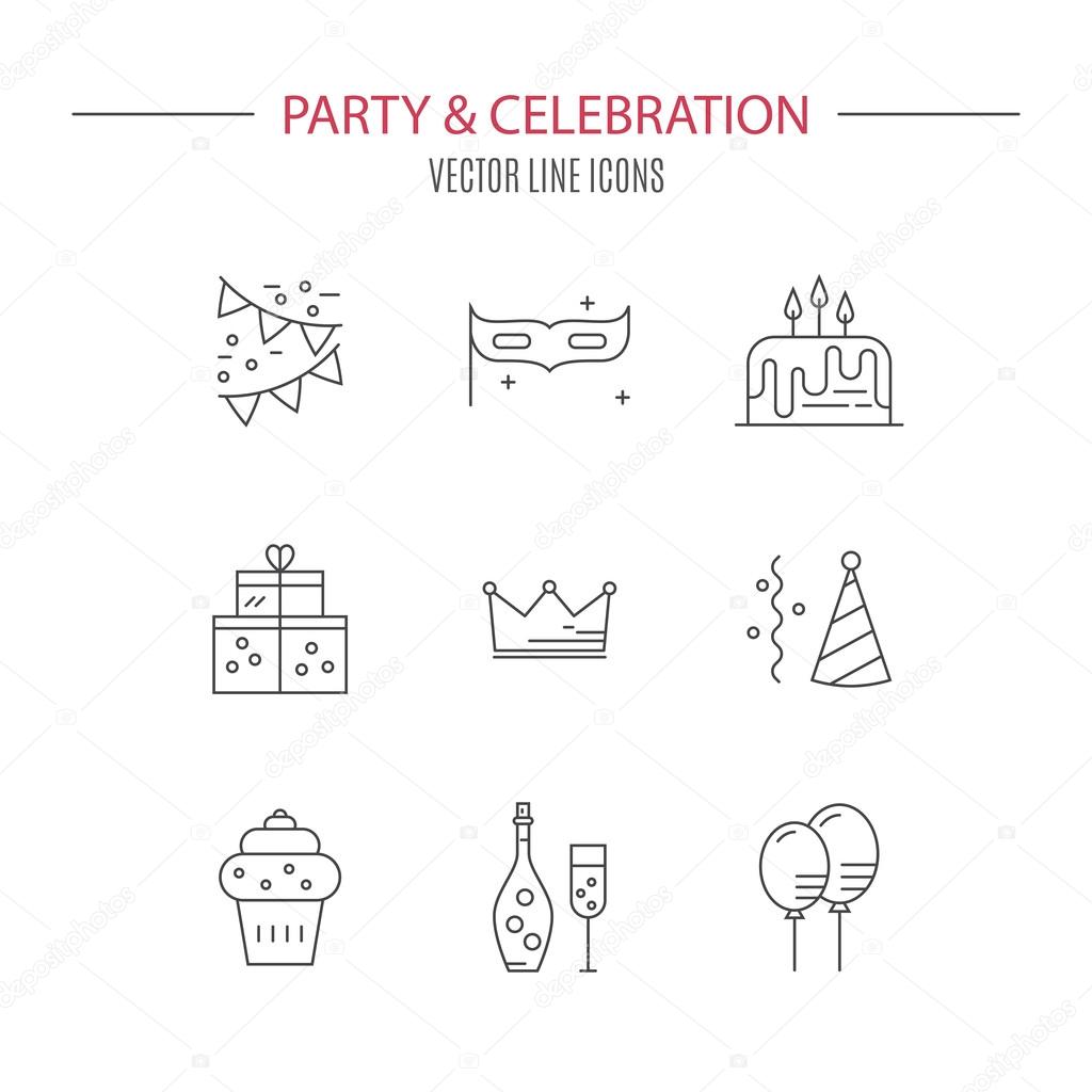 Collection of party symbols. Vector line style icons. Celebration and event planning pictograms