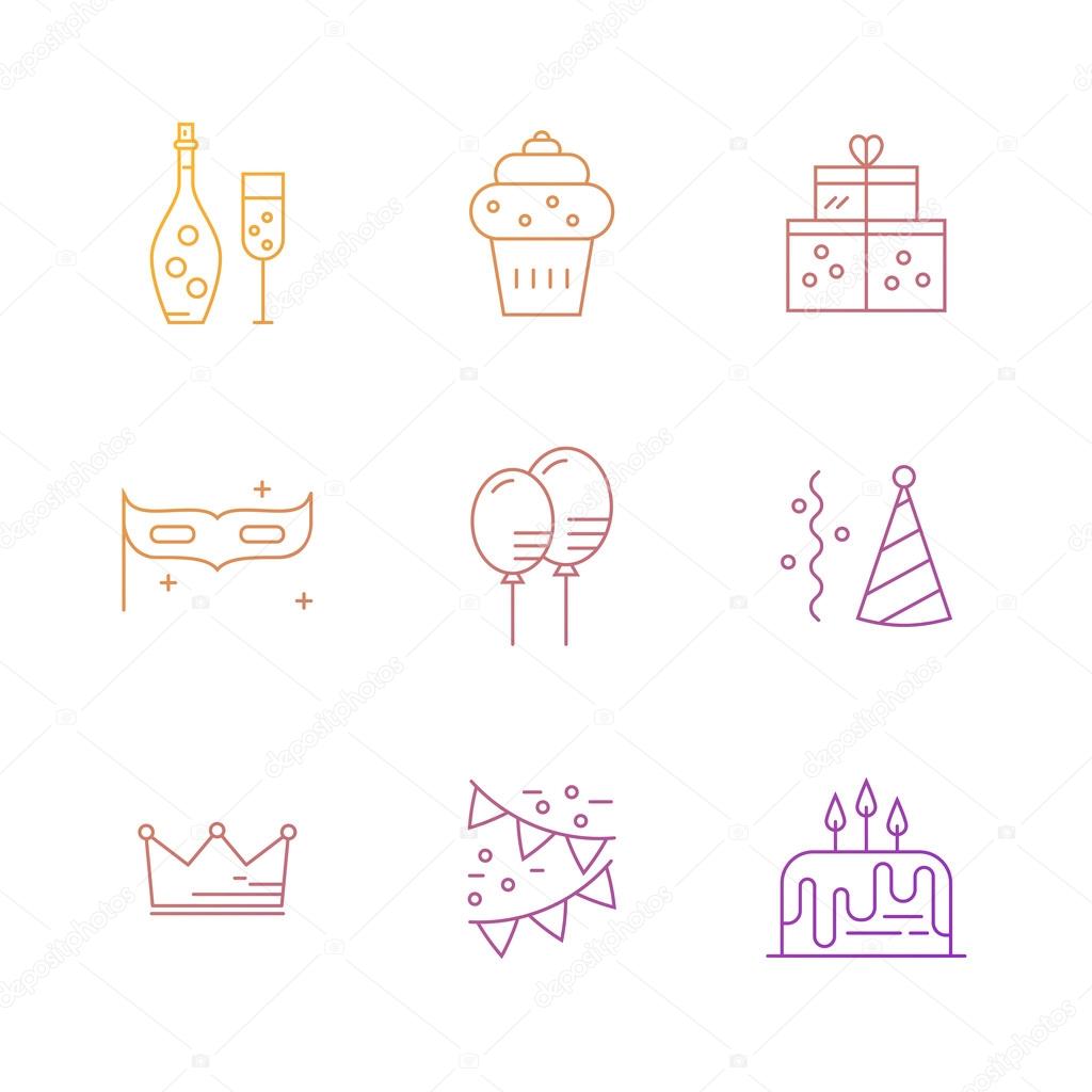 Modern line style icons with party and event planning icons. Birthday cake, champagne, decoration, presents and other celebration symbols