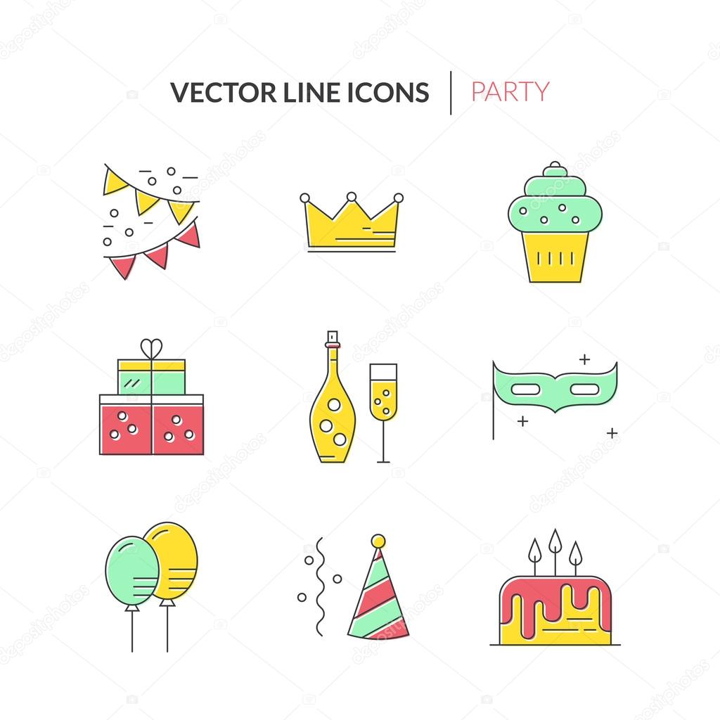 Modern line style icons with party and event planning icons. Birthday cake, champagne, decoration, presents and other celebration symbols
