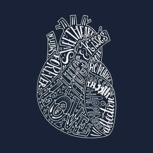 Coração humano e mão letras palavras românticas —  Vetores de Stock