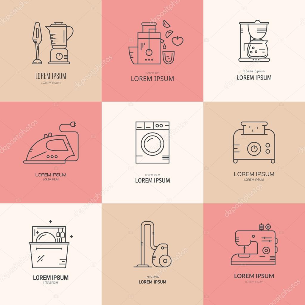 Household equipment for cooking and cleaning - collection of modern line logos with different house appliances. Utensils and kitchen tools.