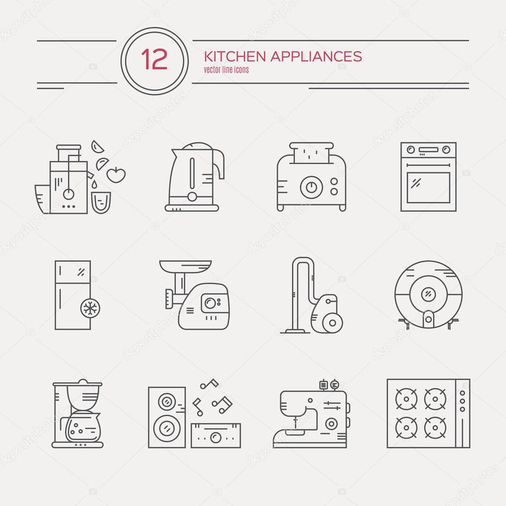 Household appliances - vector linear icons.