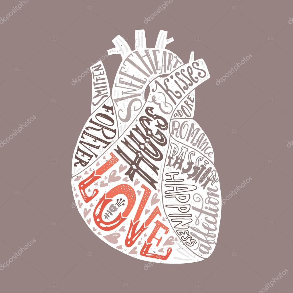 human heart and hand lettered romantic words