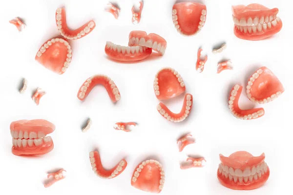 Set Dentures White Background Full Removable Plastic Denture Jaws Isolate — Stock Photo, Image