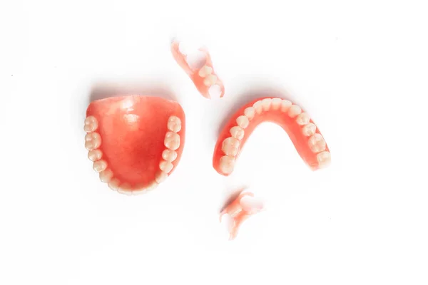 Dentures White Background Close Dentures Full Removable Plastic Denture Jaws — Stock Photo, Image