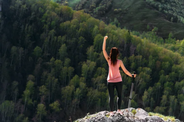 Wędrówki Górach Kobieta Uprawiająca Nordic Walking Widok Tyłu Turysta Górach — Zdjęcie stockowe