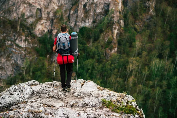 山の中でバックパックを持つ旅行者は リアビュー 旅行中のスポーティなライフスタイルの概念 山の中にリュックを持つ男 山の中でハイキング 野外活動 スペースのコピー — ストック写真