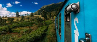Sri Lanka 'da mavi tren. Mavi Sri Lanka Treni ormanlardan, ağaçlardan, ağaçlardan, dağlardan geçer. Asya 'da trenle seyahat, panorama. Bir Hint treni çay tarlalarından geçer. Hindistan 'a seyahat