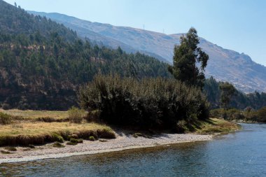 Yüksek dağların iç kesimlerine yerleşmiş nehrin yanındaki And manzarasının sakin bir görüntüsü. Huancayo - Peru