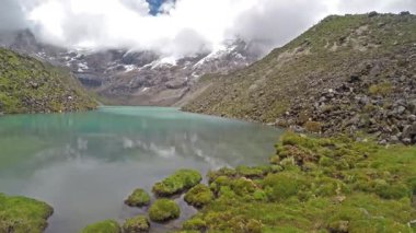 Pure lagoon at the feet of the snowy verdish 2 with a view of moss (distichia muscoides) in the foreground