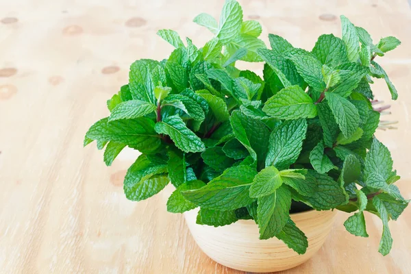 Fondo menta fresca en tazón sobre mesa de madera — Foto de Stock