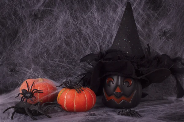 Calabazas de Halloween, araña, tela de araña — Foto de Stock