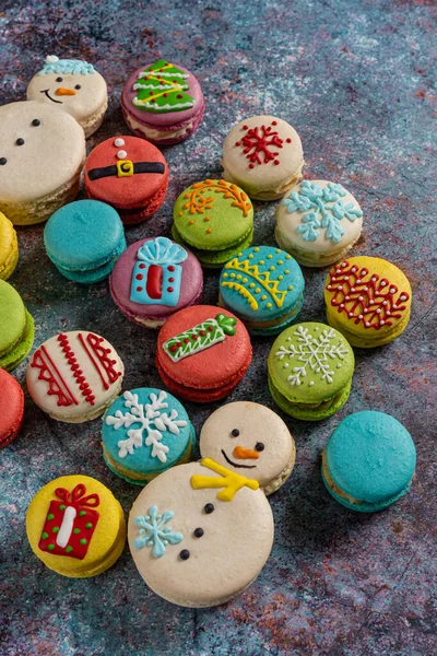 Variety Sweet Macaroons Blue Background Contemporary European French Cuisine Christmas — Foto de Stock