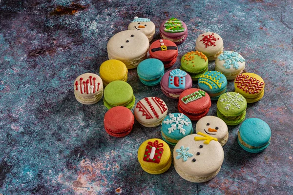 Variety Sweet Macaroons Blue Background Contemporary European French Cuisine Christmas — Zdjęcie stockowe