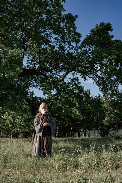 Portrét Mnicha Černé Sutaně Lese Potulný Druid Sutaně — Stock fotografie