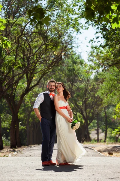 Mariée européenne et marié baisers dans le parc — Photo