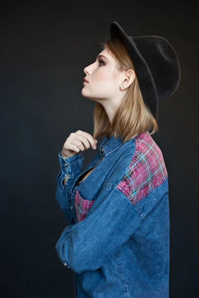 Portrait of a beautiful young model in denim jacket — Stock Photo, Image