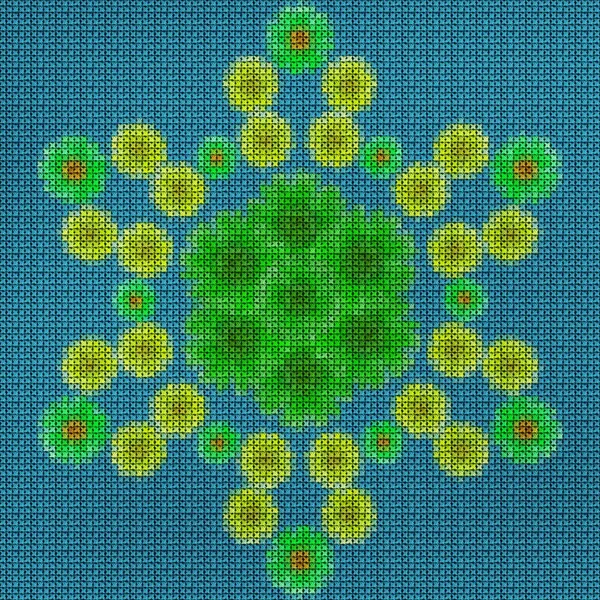 Illustration cross stitch mandala from flowers. Cross-stitch floral collage. Mandala - symbol of meditation, Buddhism, Hinduism, yoga. Geometric drawing made by plants in oriental style